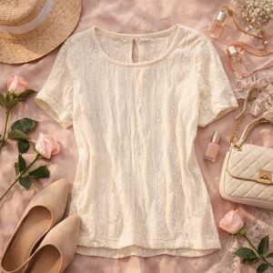 CAbi Ivory Cream Lace Short Sleeve Top XL Textured Sheer Back Keyhole Blouse